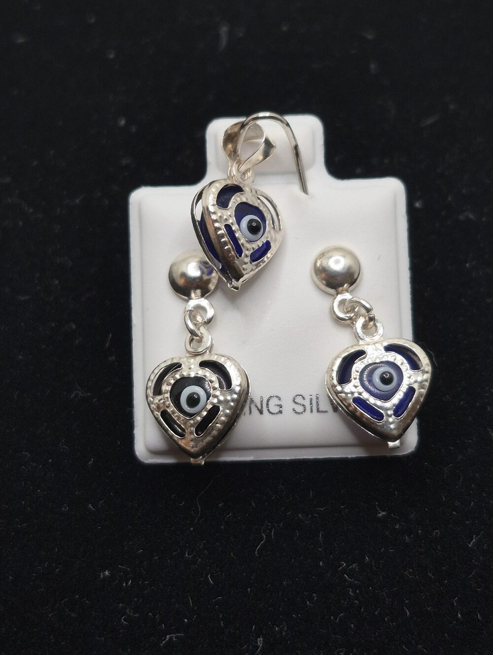 .925 Sterling Silver Heart-Shaped Evil Eye Earrings and Pendant Brand new